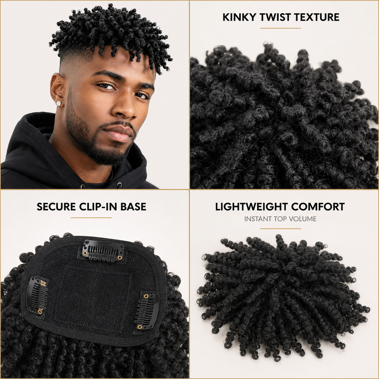 Men's kinky twist topper: twist texture, secure clip-in base, lightweight comfort and instant top volume