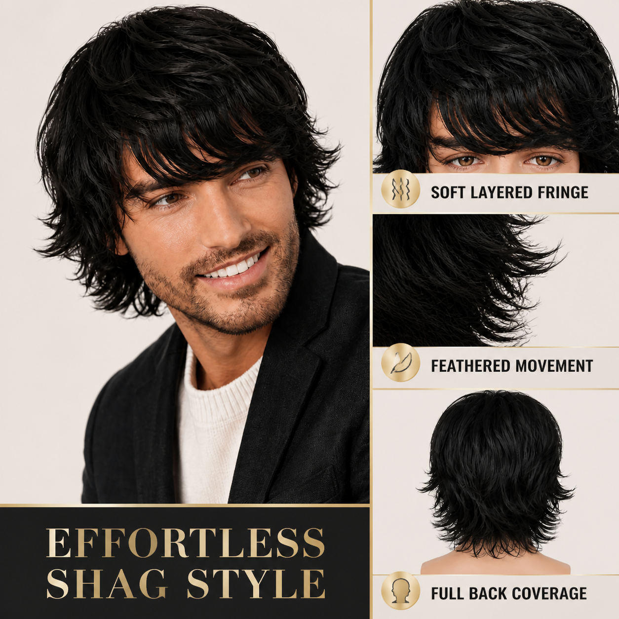 Men's medium layered wig: soft layered fringe, feathered movement, full back coverage and shag style