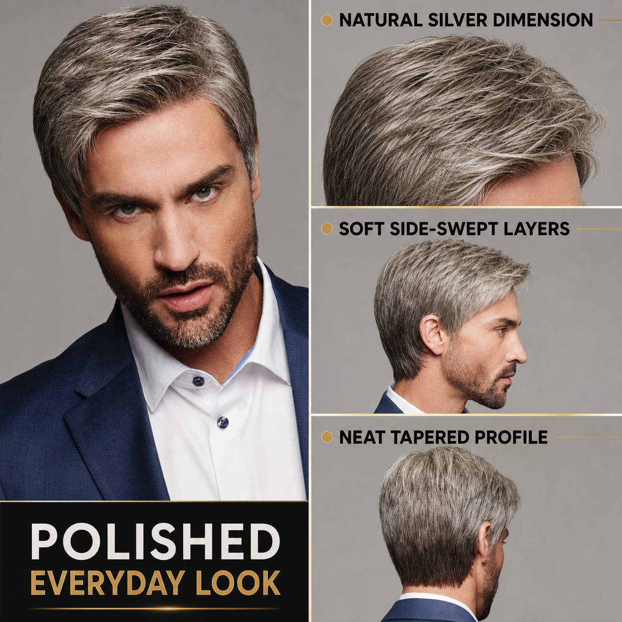 Men's silver gray wig: natural silver dimension, side-swept layers, tapered profile and polished everyday look