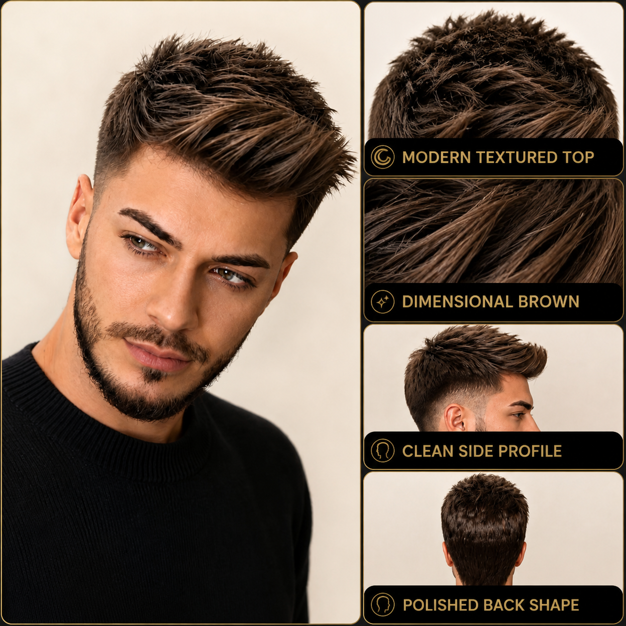 Men's textured crop wig: modern textured top, dimensional brown, clean side profile and polished back shape