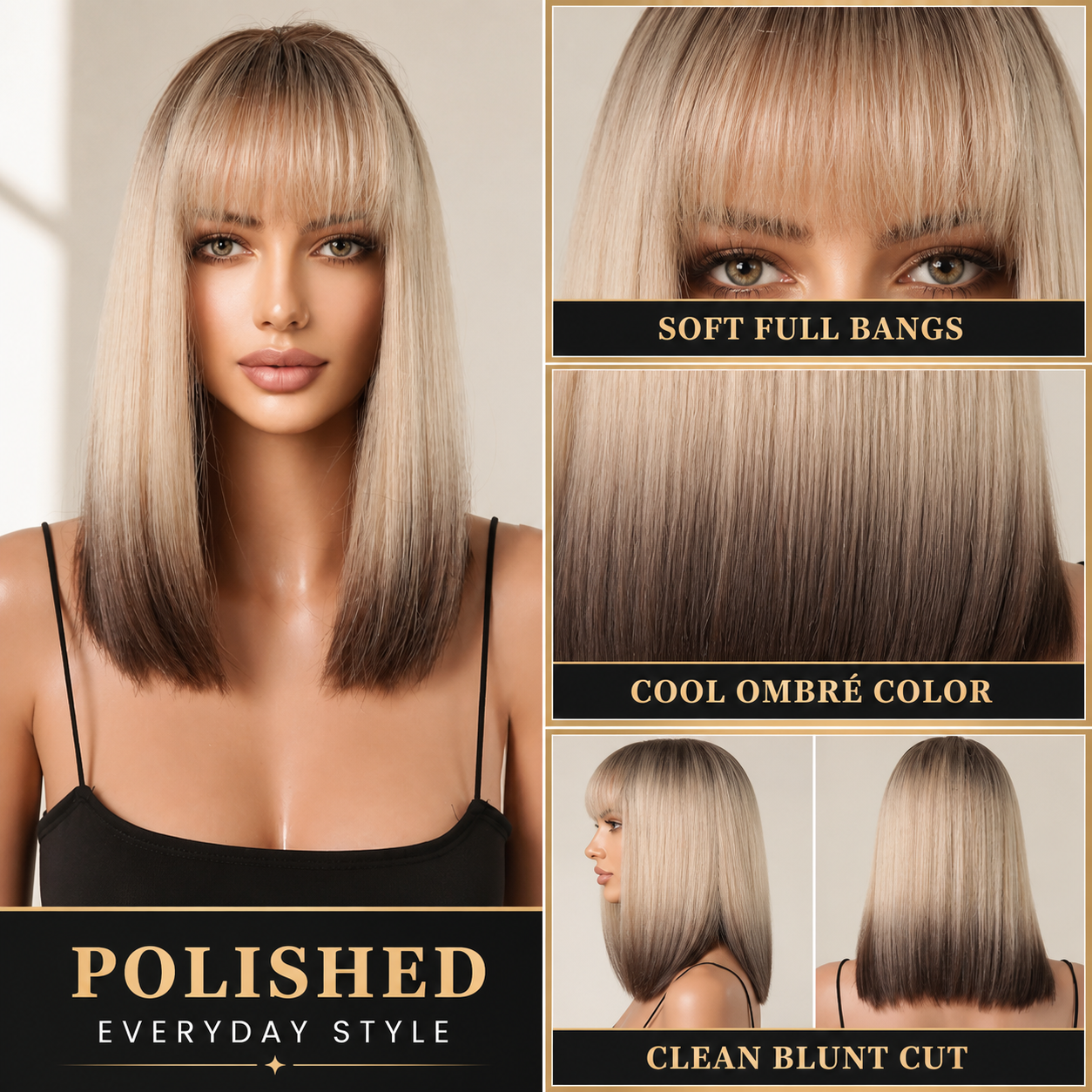 Ombré straight bob wig with bangs: soft full bangs, cool ombré color, clean blunt cut and polished everyday style