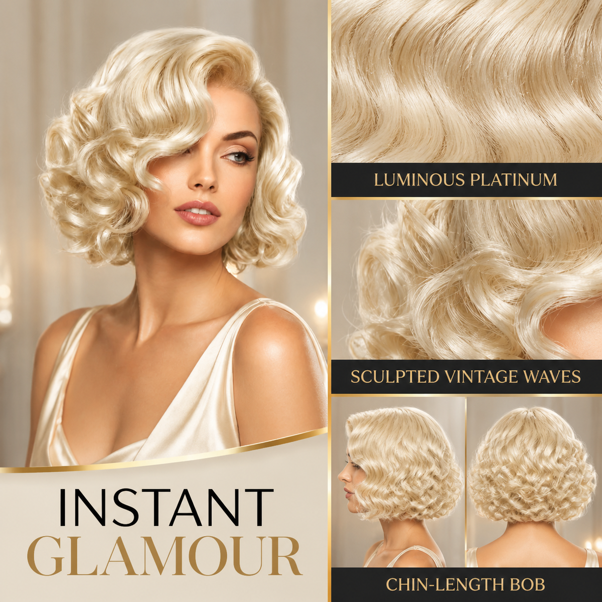 Platinum blonde vintage bob: luminous platinum color, sculpted vintage waves, chin-length bob and instant glamour
