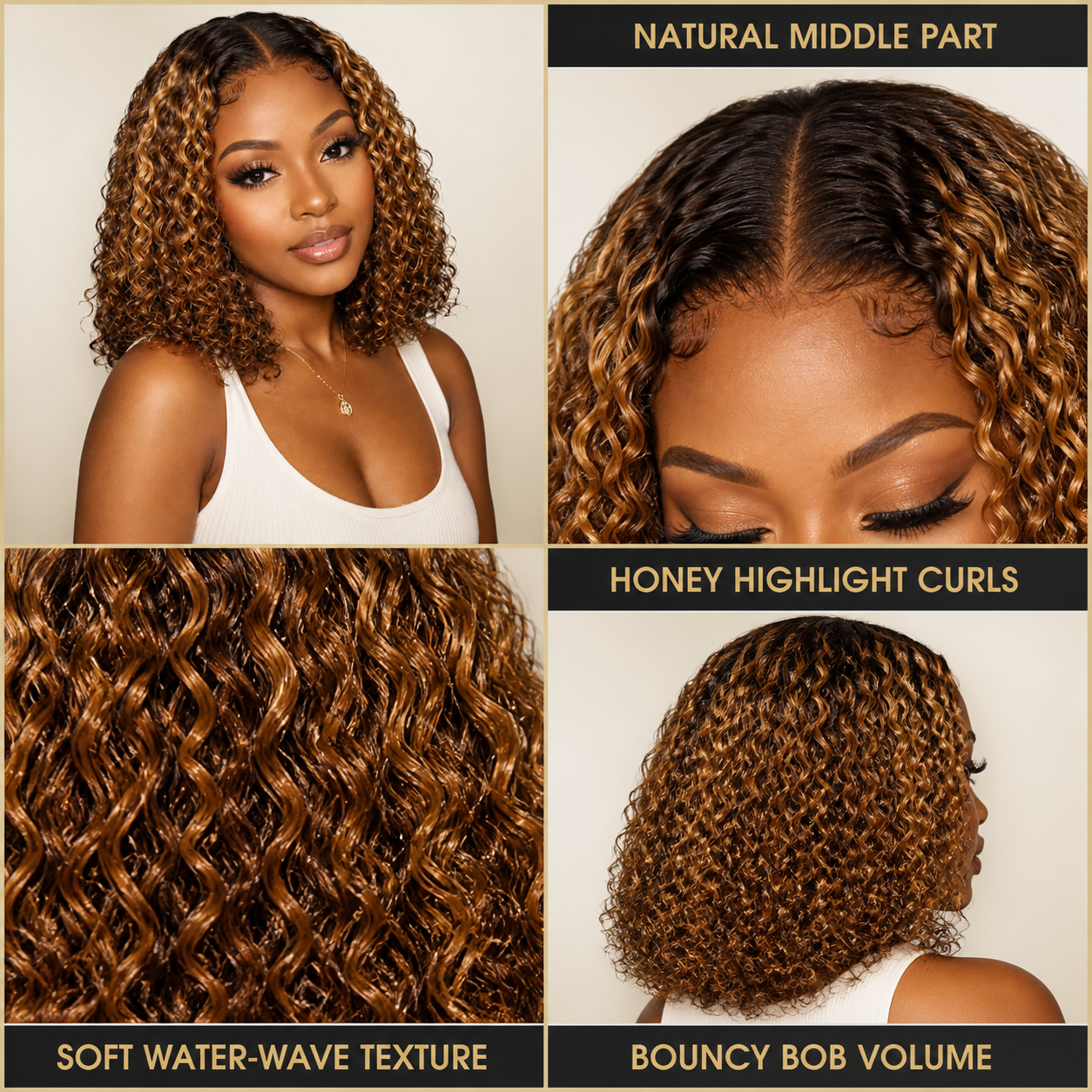 Short curly bob wig: natural middle part, honey highlight curls, bouncy bob volume and soft water-wave texture